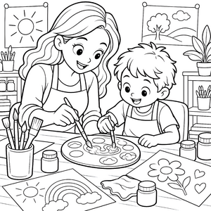 Begeisterte Kinder an der Palette Ausmalbild für kreative Farbfreunde
