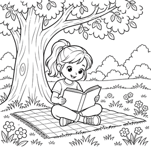 Verspielte Kinderleserin unter dem Baum Ausmalbild für kleine Weltenbummler