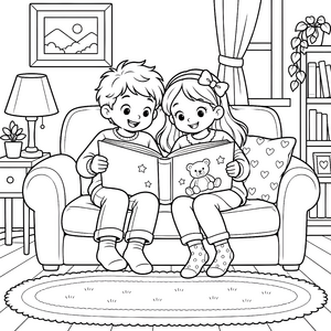 Fröhliche Kinder auf dem Sofa Malbild für mutige Geschichtenfreunde