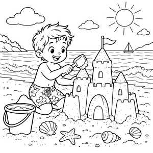 Fröhlicher Junge mit Sandburg Malbild für kreative Wasserratten