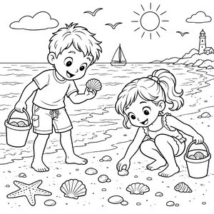 Fröhliche Kinder mit Muscheln Malvorlage für neugierige Wasserratten