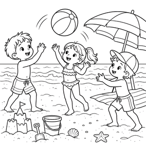 Verspielte Kinder mit Strandball-Malbild für kreative Weltenbummler