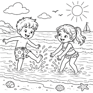 Fröhliche Kinder im Wasser Ausmalvorlage für kleine Abenteurer