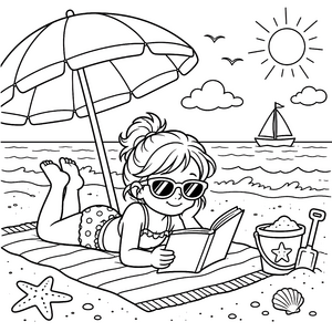 Entspannte Mädchen mit Buch Ausmalbild für neugierige Bücherwürmer