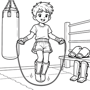 Fröhlicher Kickboxer mit Springseil Ausmalbild für kleine Sportskater