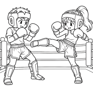 Energiegeladene Kickboxer im Ring Malbild für fröhliche Kämpfer