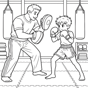 Gelassener Kickbox-Trainer mit Kind Malvorlage für malfreudige Sportskater