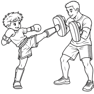 Eifriger Kickboxer beim Training mit Pads Malvorlage für junge Leistungssportler