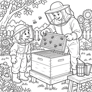 Gemeinsamer Imker mit Bienenrahmen Malbild für fröhliche Tüftler