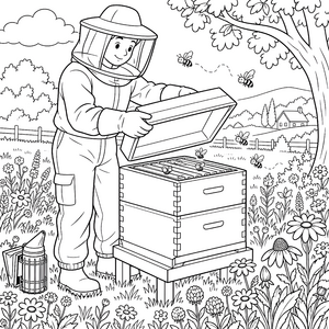 Freundlicher Imker mit Bienenkasten Ausmalbild für kreative Naturfreunde