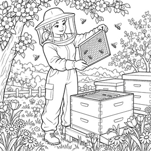 Freudige Imkerin mit Bienenwabe Malbild für kleine Weltenbummler