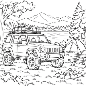 Abenteuerischer Geländewagen am Lagerfeuer Malvorlage für Naturfreunde