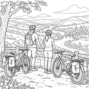 Beeindruckende Fahrradtour mit Aussichtspunkt Ausmalbild für junge Weltenbummler