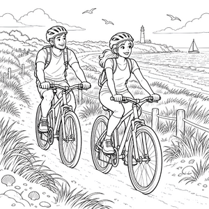 Heiteres Fahrradduo am Leuchtturm Malbild für verträumte Spürnasen