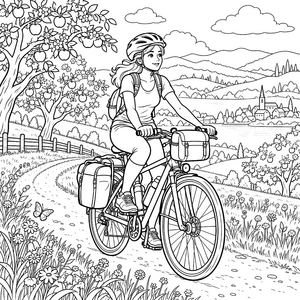 Verspielte Fahrradtourer mit Gepäckkorb Ausmalbild für fröhliche Weltenbummler