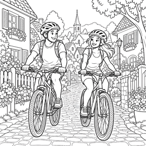 Fröhliche Fahrradtour durchs Dorf Malbild für verträumte Weltenbummler