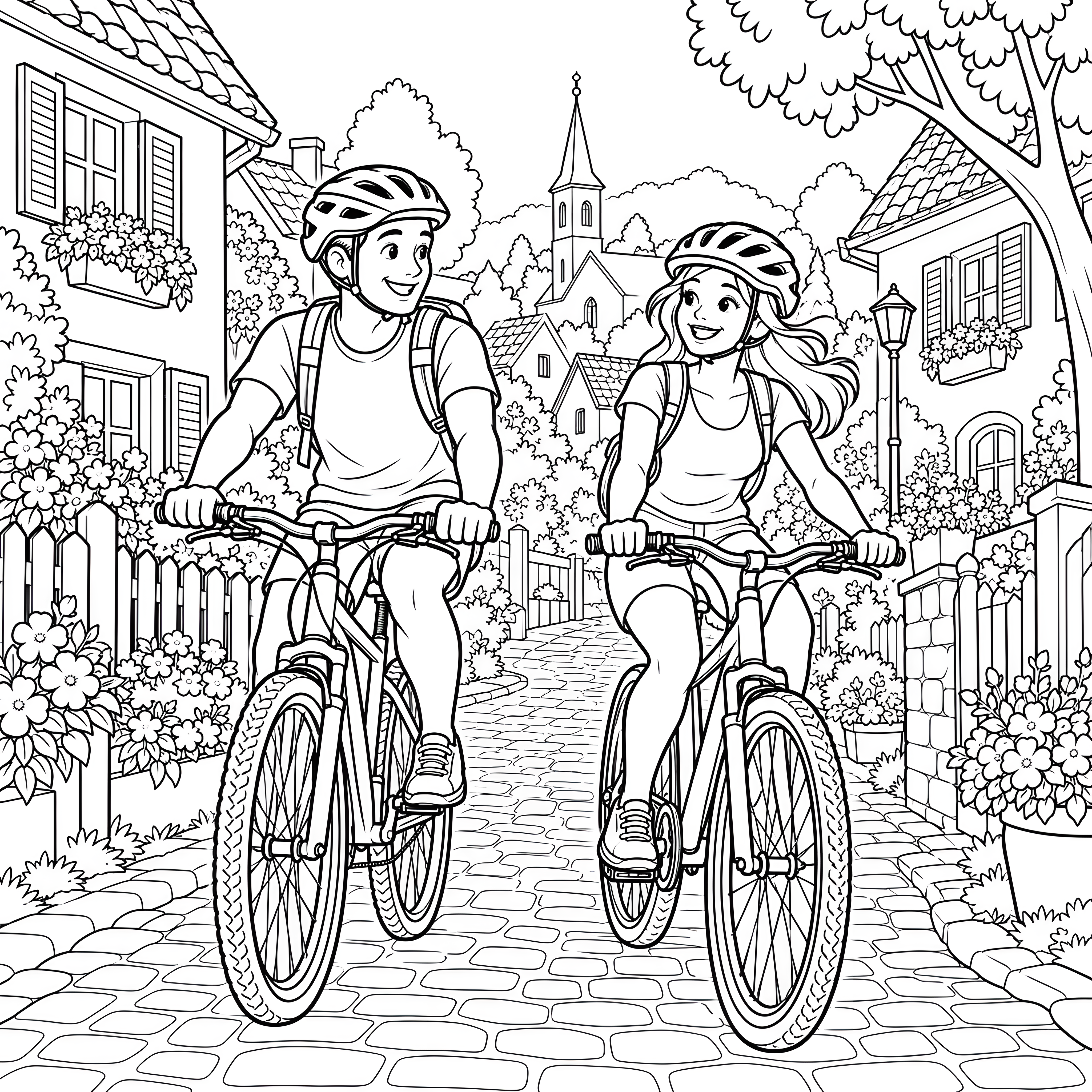 Fröhliche Fahrradtour durchs Dorf Malbild für verträumte Weltenbummler