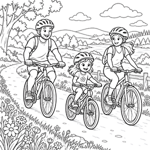 Fröhliche Fahrradtour mit Familie Ausmalbild für fröhliche Abenteurer