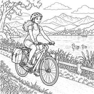 Mutige Fahrradtour am Bergsee Ausmalvorlage für Entdecker