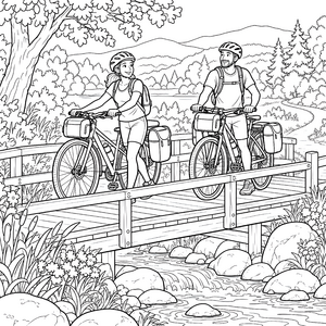 Fröhliche Fahrradtourer auf der Holzbrücke Ausmalbild für junge Abenteurer