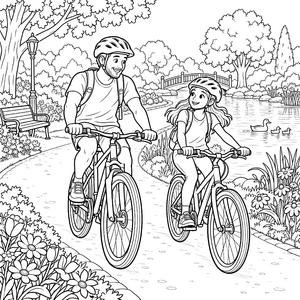 Fröhliche Fahrradtour am Parkteich Malbild für junge Weltenbummler