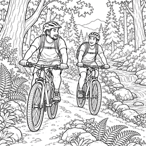 Abenteuerliche Mountainbike-Tour durch den Wald Ausmalvorlage für malfreudige Naturfreunde