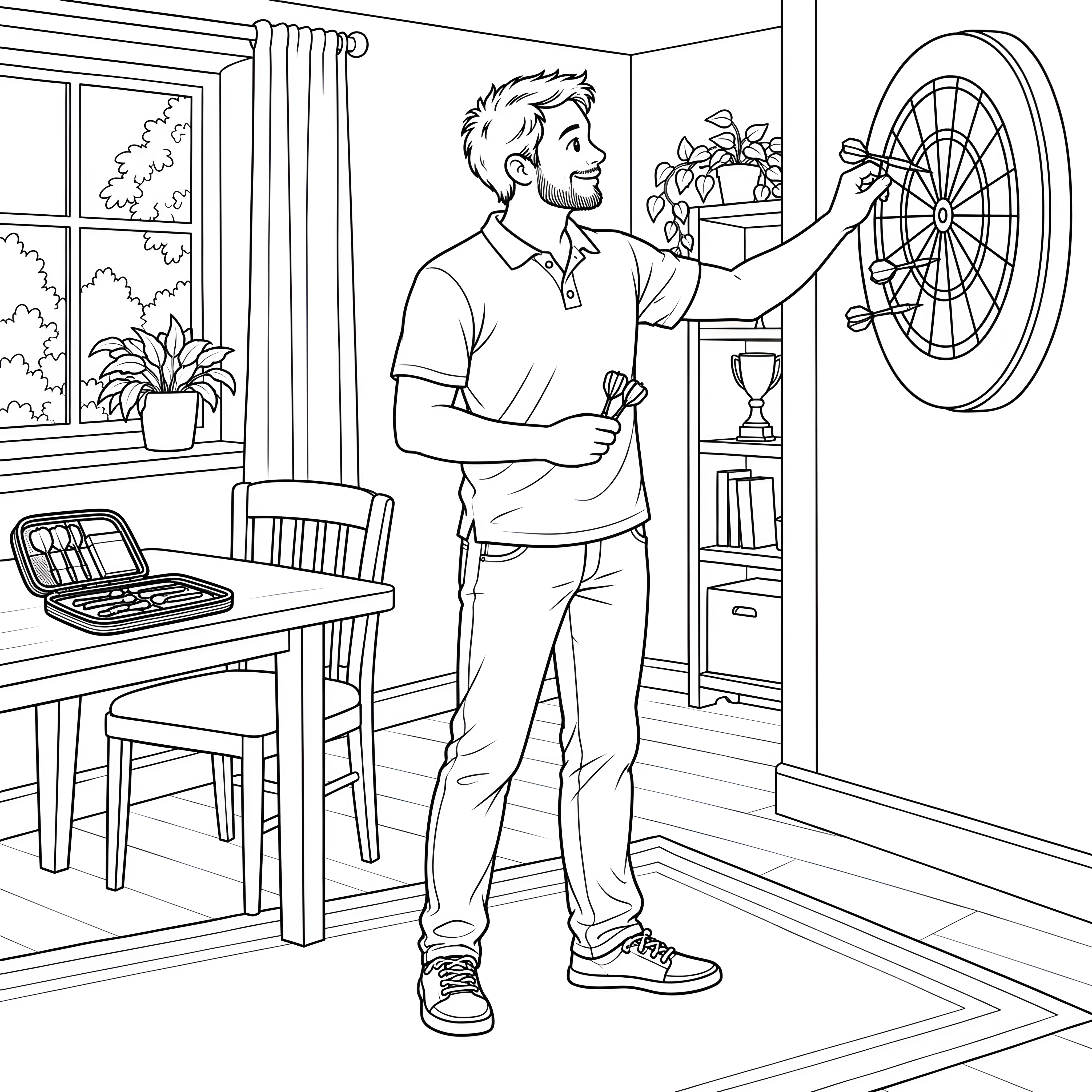 Freundlicher Mann am Dartboard Ausmalvorlage für verträumte Sportfans