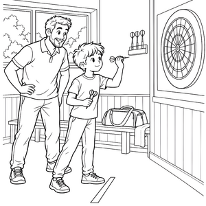 Stolzer Vater mit Sohn am Dartboard Malvorlage für neugierige Tüftler