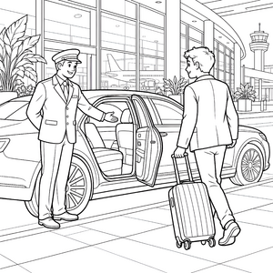 Freundlicher Chauffeur am Flughafen Ausmalbild für fröhliche Reisekameraden