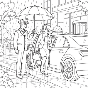 Aufmerksamer Chauffeur mit Regenschirm Ausmalbild für verträumte Fahrgäste