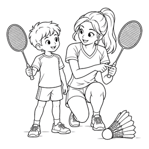 Gemeinsame Badmintontrainerin mit Kind Malbild für Sportbegeisterte