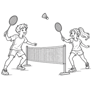 Eifriges Badmintonduell am Netz Malvorlage für fröhliche Abenteurer