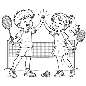 Fröhliche Badmintonfreunde beim Highfive Ausmalvorlage für verträumte Sportfans