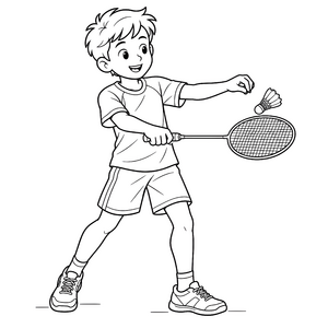 Freudiger Junge mit Badmintonschläger Malvorlage für kleine Tüftler