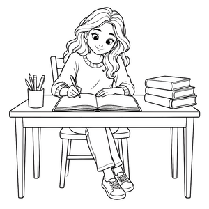 Konzentrierte Autorin mit Buch Ausmalbild für kleine Leseratten