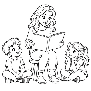 Freundliche Autorin mit Kindern Ausmalbild für kreative Bücherwürmer
