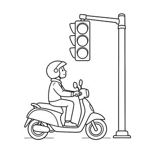 Aufmerksamer Rollerfahrer an Ampel Ausmalvorlage für mutige Abenteurer