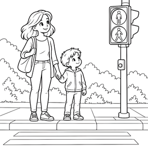 Aufmerksame Mutter mit Kind an Ampel Ausmalvorlage für fröhliche Spürnasen