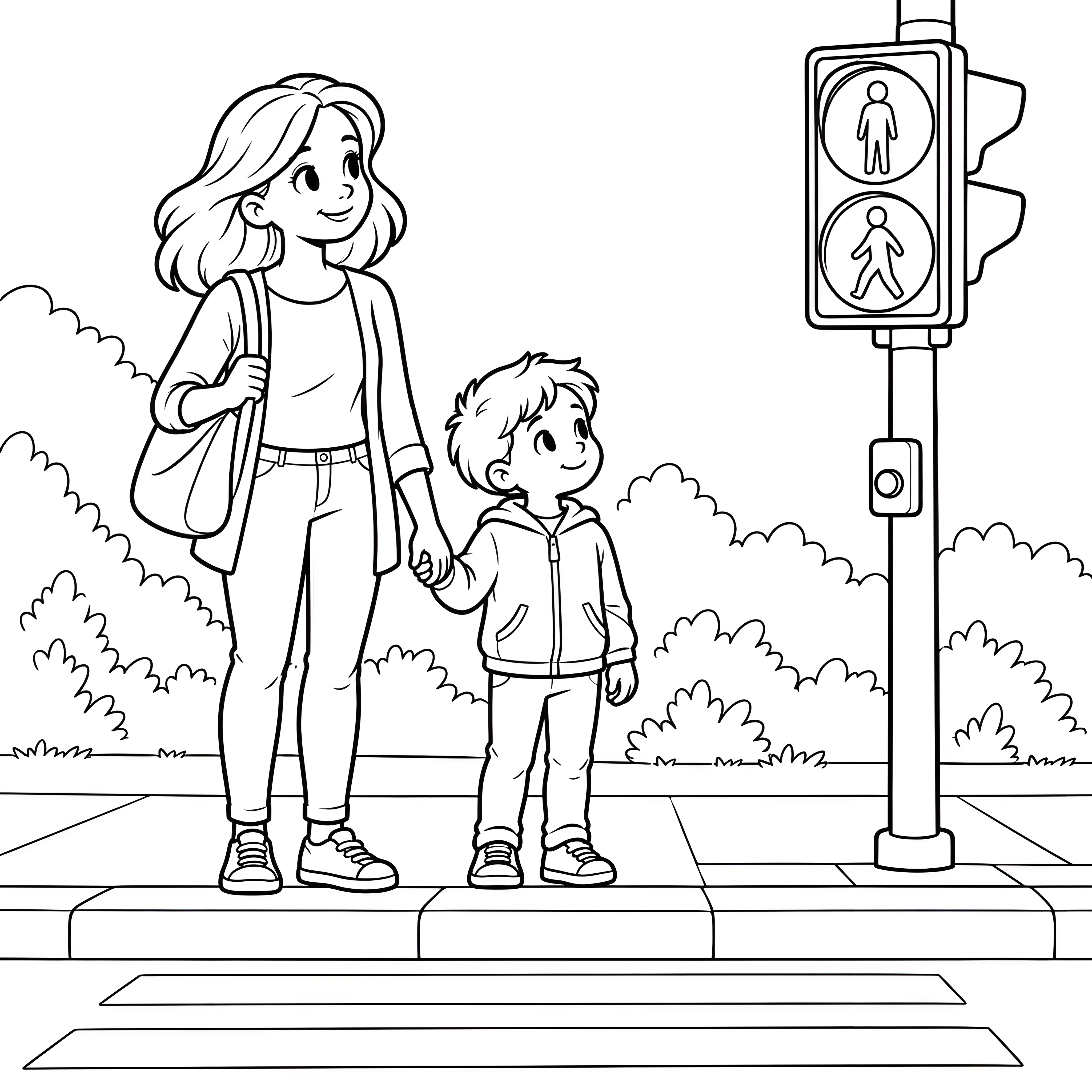 Aufmerksame Mutter mit Kind an Ampel Ausmalvorlage für fröhliche Spürnasen