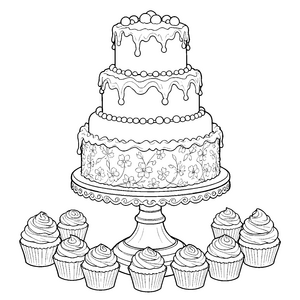 Üppige Schichttorte mit Cupcakes Ausmalbild für kleine Hobbyköche