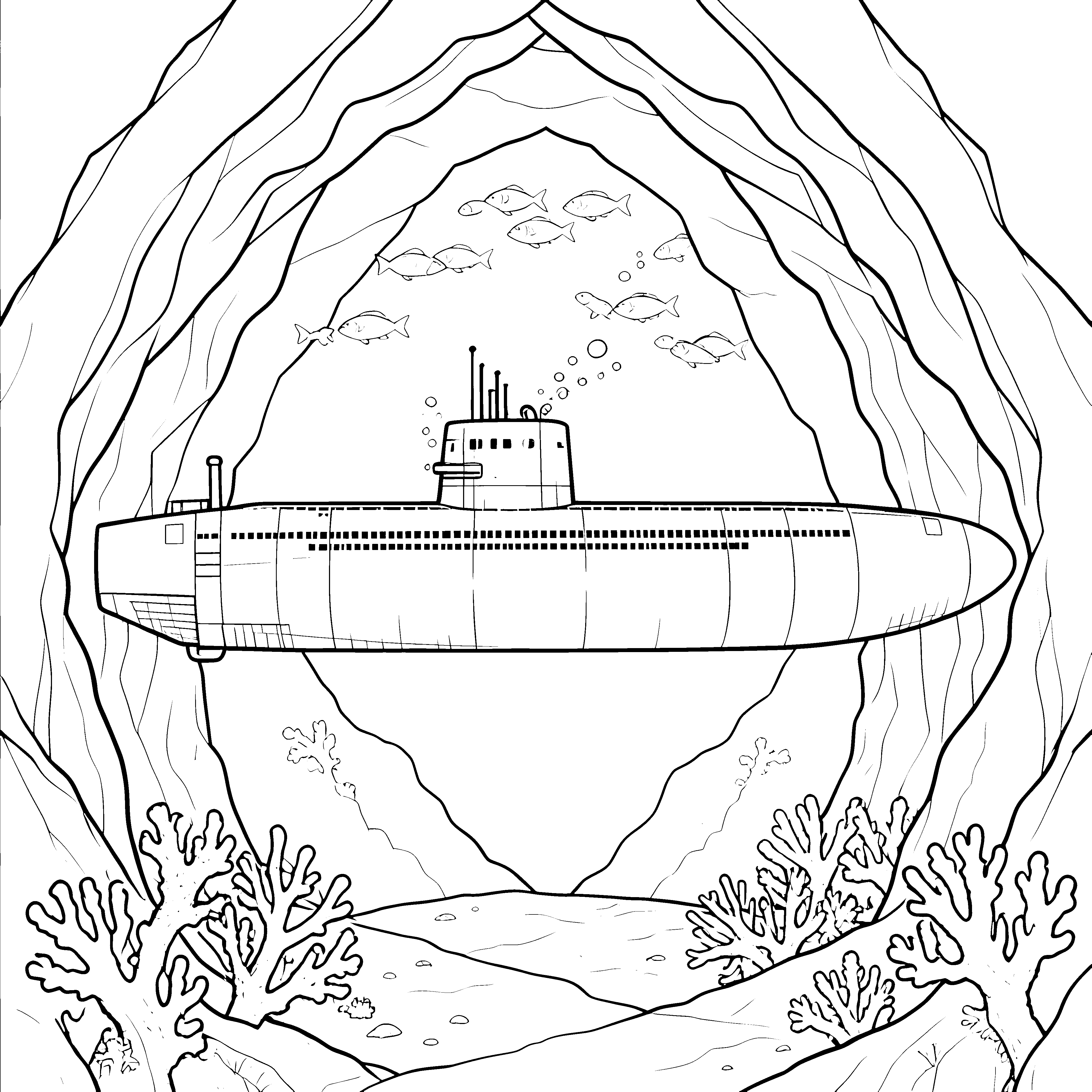 Mystisches U-Boot in der Unterwasserhöhle Ausmalvorlage für Abenteurer