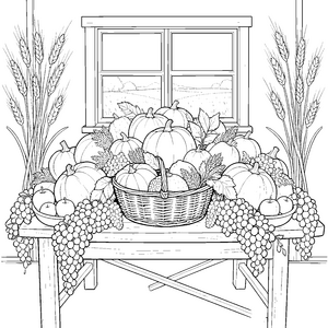 Üppiges Ernteangebot auf der Fensterbank Malvorlage für fröhliche Spürnasen