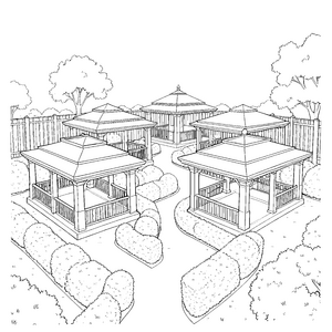 Symmetrische Gartenpavillons mit Hecken Malbilder für neugierige Spürnasen Ausmalbild