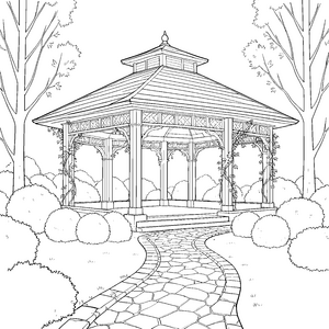 Prachtvoller Gartenpavillon mit Steinweg Malvorlage für neugierige Naturfreunde