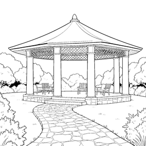 Gemütlicher Gartenpavillon mit Steinpfad Ausmalvorlage für neugierige Tüftler