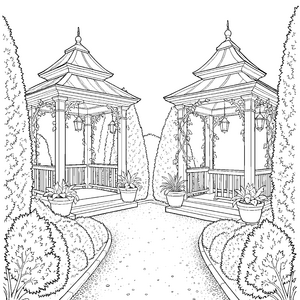 Symmetrische Gartenpavillons mit Laternen Malvorlage für fröhliche Abenteurer