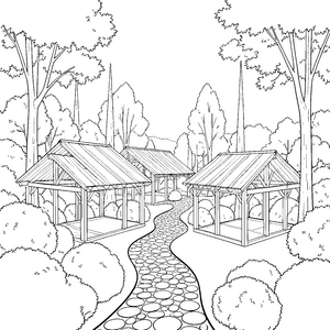 Rustikale Gartenpavillons mit Steinweg Ausmalvorlage für Hobbygärtner