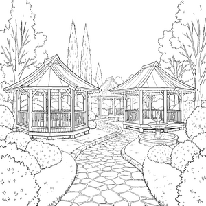 Harmonische Gartenpavillons mit Brunnen Ausmalvorlage für Weltenbummler