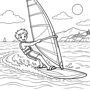 Freudiger Jüngling beim Windsurfen Malbild für mutige Wasserratten
