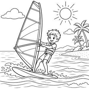 Fröhlicher Jüngling auf dem Windsurfbrett Malbild für Abenteurer